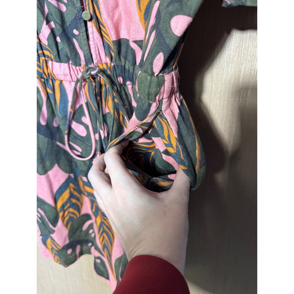 Farm Rio for Anthropologie Pink Tropical Monstera Leaf Linen Romper Small FLAW - Picture 6 of 8